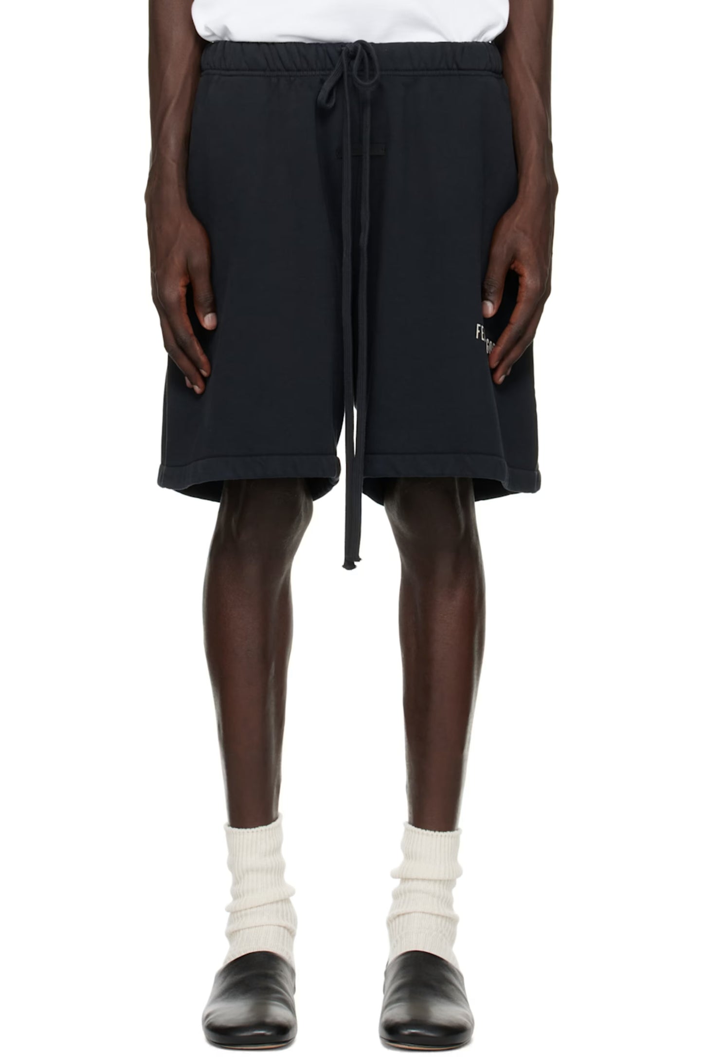 FEAR OF GOD ESSENTIALS Black Heavy Fleece Soccer Shorts Mens